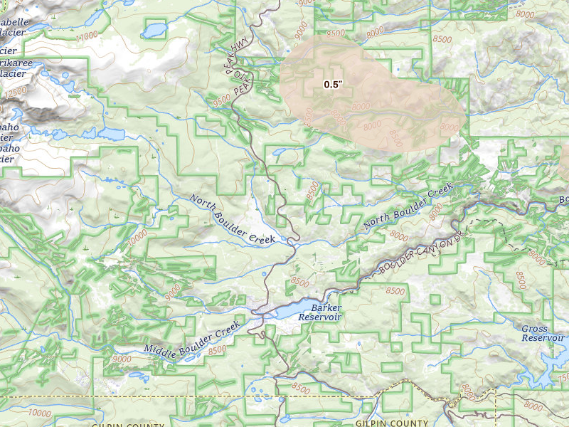 Radar-estimated hail-size map of the storm over Boulder, CO on Jul 24, 2026