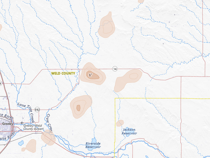 Radar-estimated hail-size map of the storm over Briggsdale, CO on May 30, 2026