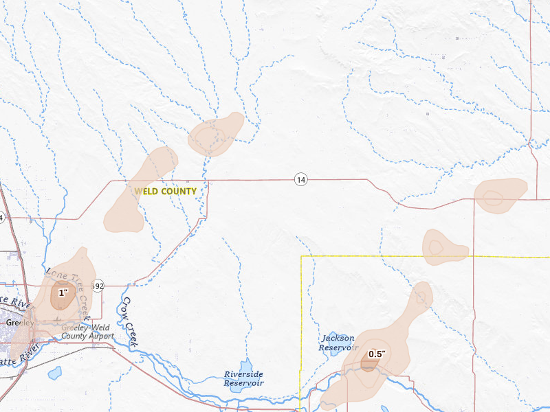 Radar-estimated hail-size map of the storm over Briggsdale, CO on Jun 3, 2026