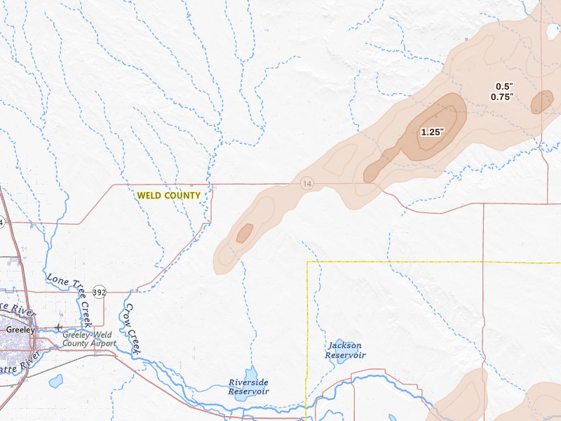 Radar-estimated hail-size map of the storm over Briggsdale, CO on Jun 8, 2026