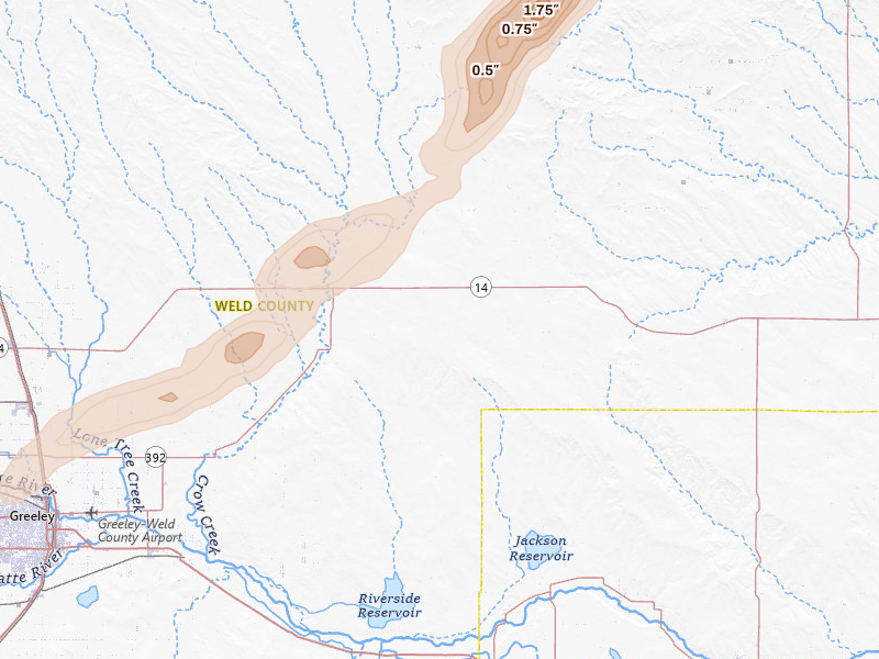 Radar-estimated hail-size map of the storm over Briggsdale, CO on Jun 26, 2026