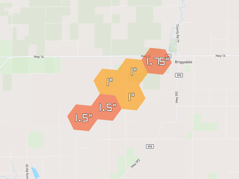 Hail map of Briggsdale, CO on Jun 26, 2026, hail up to 1.75"