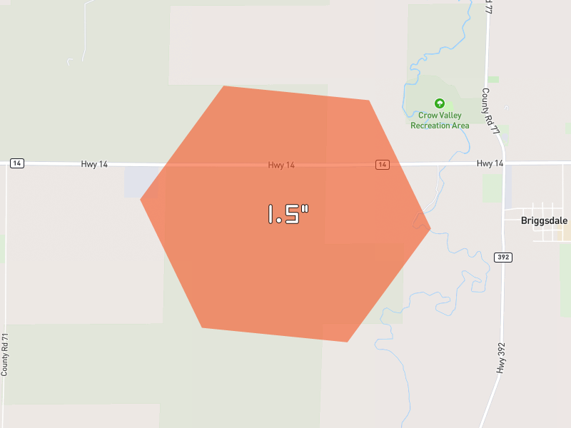 Hail map of Briggsdale, CO on Jun 27, 2026, hail up to 1.5"