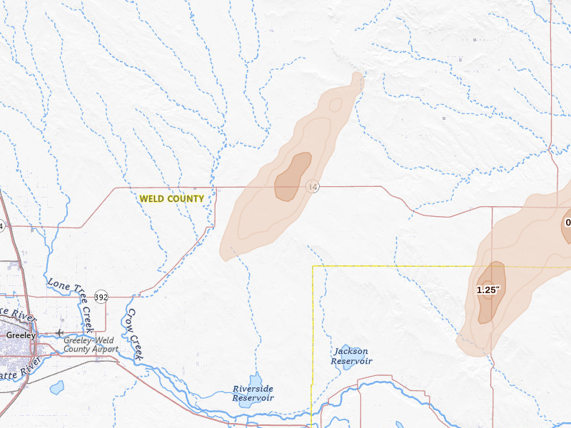 Radar-estimated hail-size map of the storm over Briggsdale, CO on Jun 30, 2026