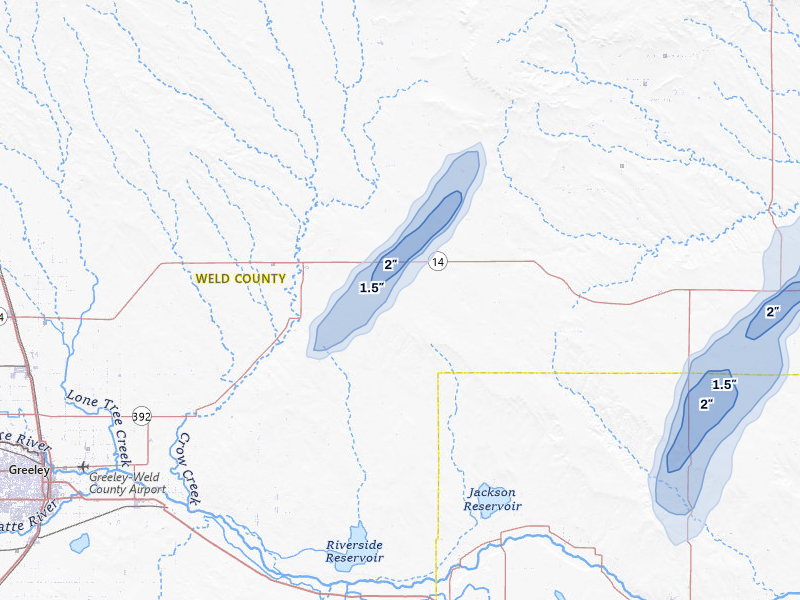 NEXRAD radar-signature map of the hail storm over Briggsdale, CO on Jun 30, 2026