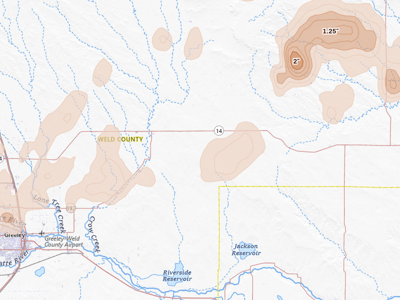 Radar-estimated hail-size map of the storm over Briggsdale, CO on Jul 1, 2026