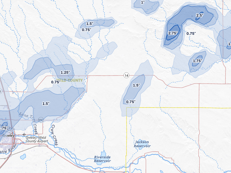 NEXRAD radar-signature map of the hail storm over Briggsdale, CO on Jul 1, 2026