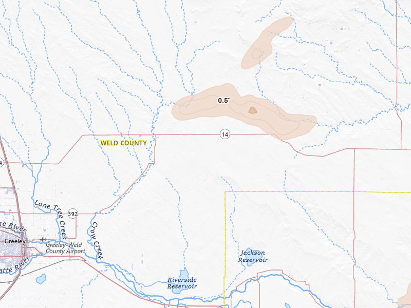 Radar-estimated hail-size map of the storm over Briggsdale, CO on Jul 3, 2026