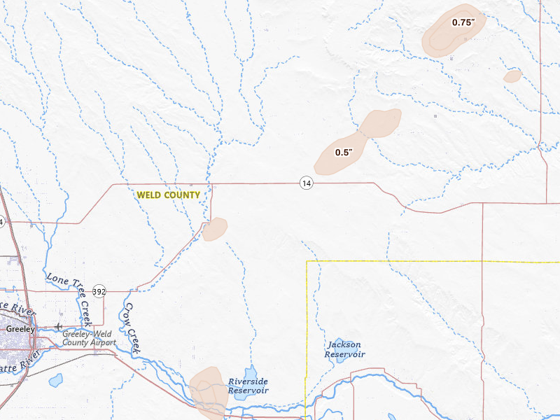 Radar-estimated hail-size map of the storm over Briggsdale, CO on Jul 29, 2026