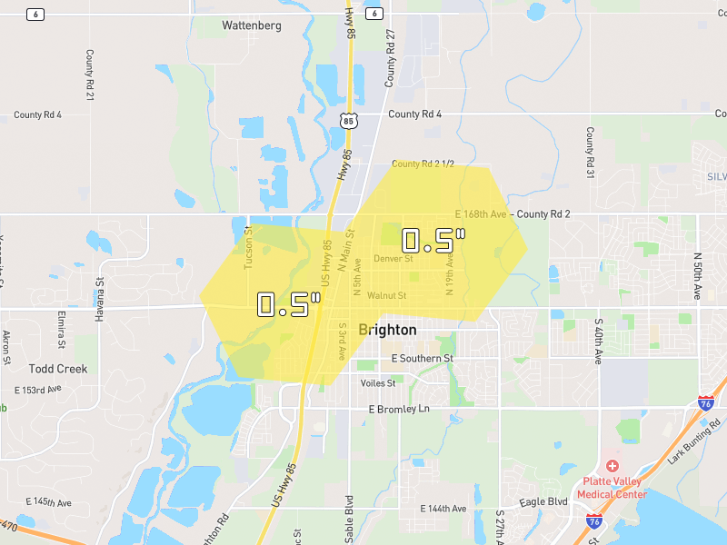 Hail map of Brighton, CO on Jun 1, 2026, hail up to 0.5"