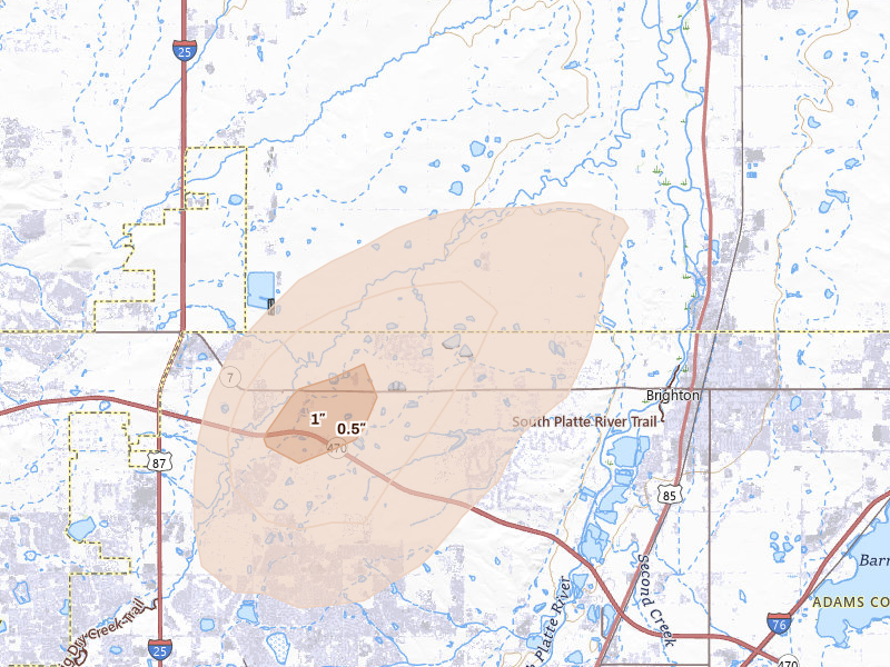 Radar-estimated hail-size map of the storm over Brighton, CO on Jun 8, 2026