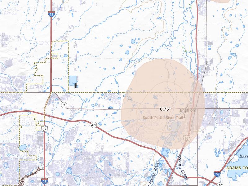 Radar-estimated hail-size map of the storm over Brighton, CO on Jul 8, 2026