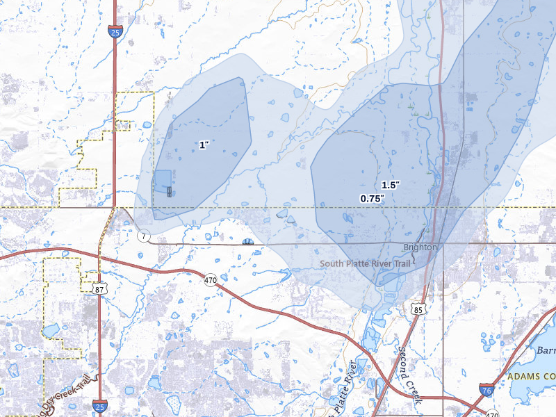 NEXRAD radar-signature map of the hail storm over Brighton, CO on Jul 8, 2026