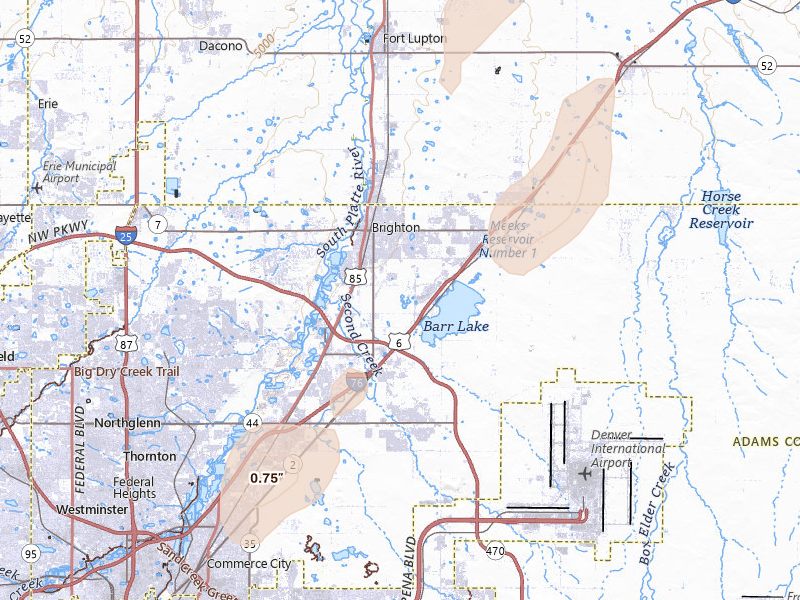 Radar-estimated hail-size map of the storm over Brighton, CO on Aug 14, 2026
