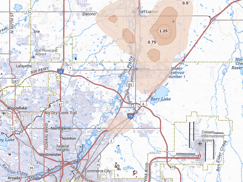 Radar-estimated hail-size map of the storm over Brighton, CO on Aug 22, 2026