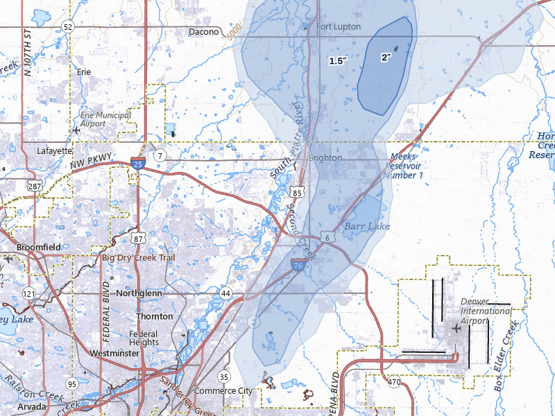 NEXRAD radar-signature map of the hail storm over Brighton, CO on Aug 22, 2026