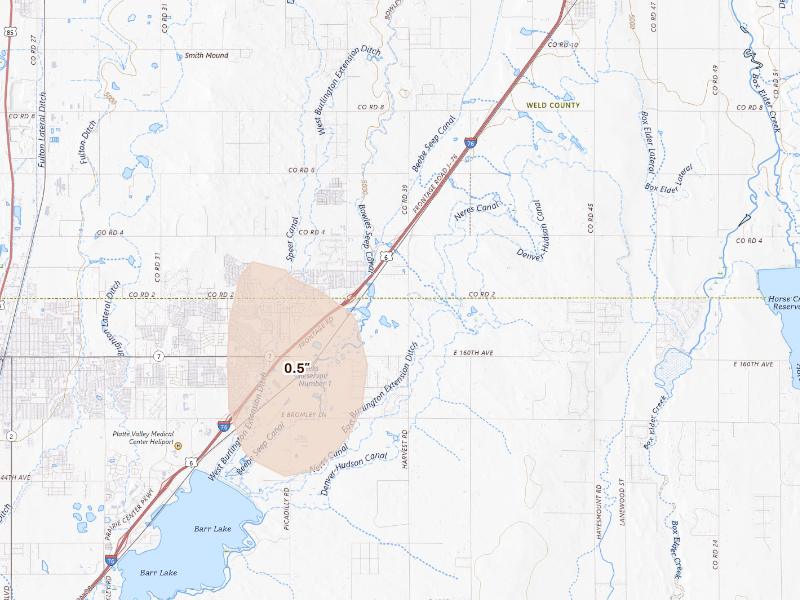 Radar-estimated hail-size map of the storm over Brighton, CO on Sep 18, 2026