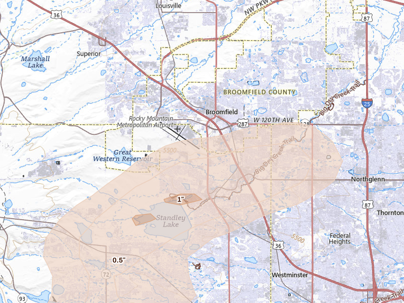 Radar-estimated hail-size map of the storm over Broomfield, CO on Jun 26, 2026