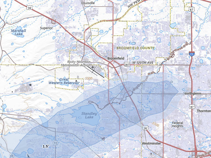 NEXRAD radar-signature map of the hail storm over Broomfield, CO on Jun 26, 2026