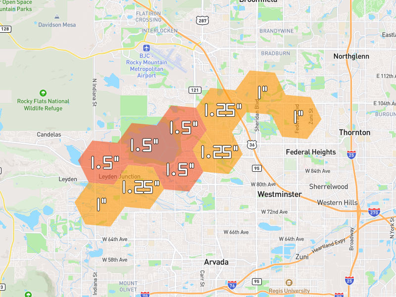 Hail map of Broomfield, CO on Jun 26, 2026, hail up to 1.5"