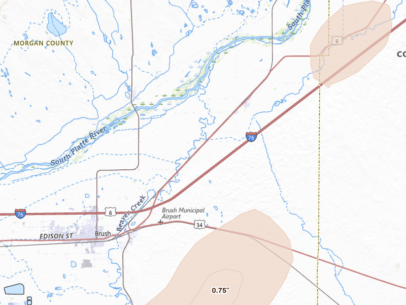 Radar-estimated hail-size map of the storm over Brush, CO on May 16, 2026