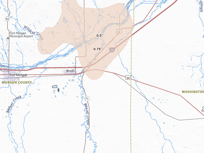 Radar-estimated hail-size map of the storm over Brush, CO on Jun 6, 2026