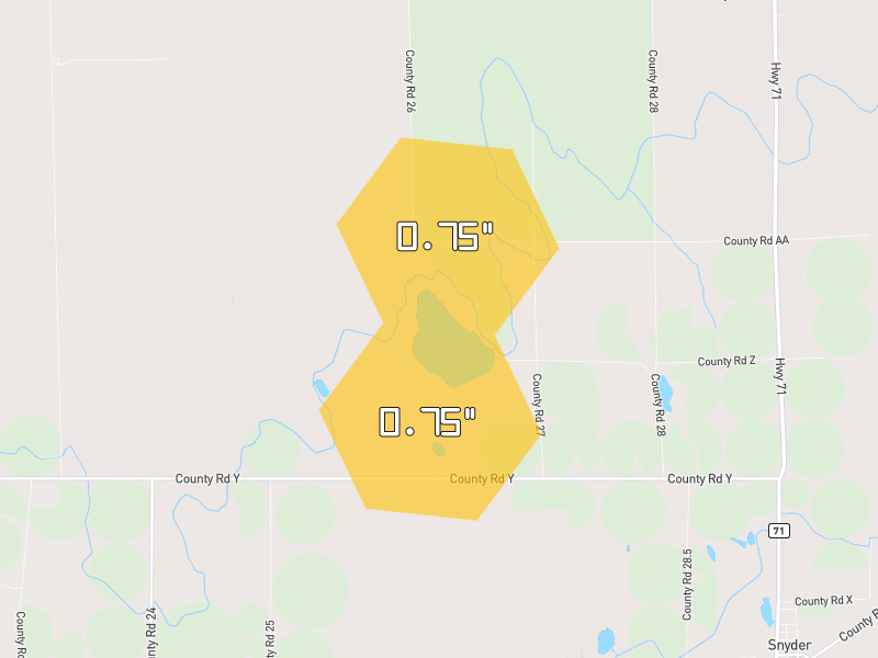 Hail map of Brush, CO on Jun 6, 2026, hail up to 0.75"