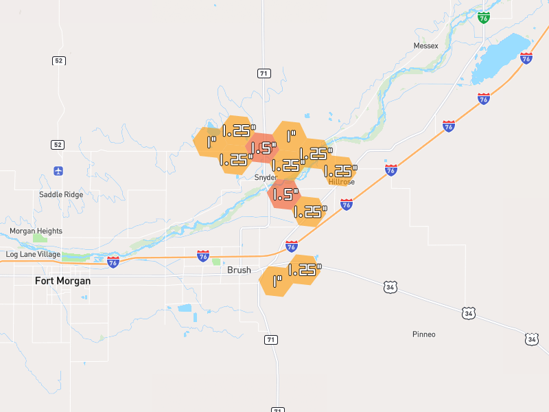 Hail map of Brush, CO on Jun 7, 2026, hail up to 1.5"