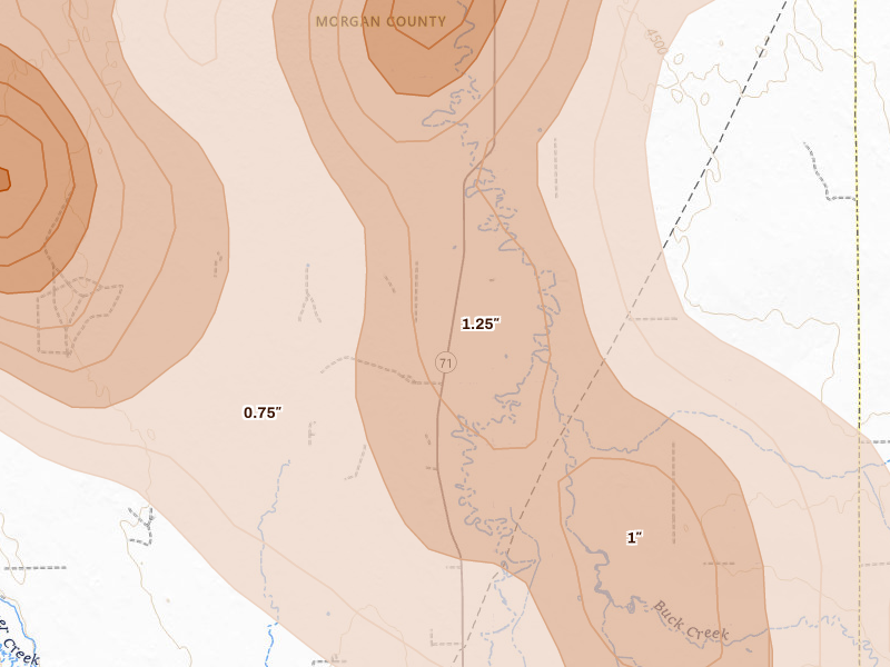 Radar-estimated hail-size map of the storm over Brush, CO on Jun 24, 2026