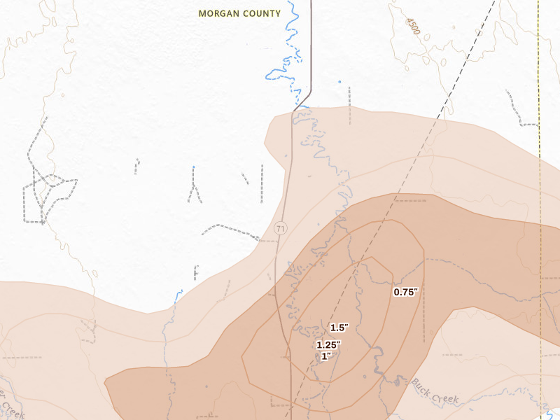 Radar-estimated hail-size map of the storm over Brush, CO on Jul 9, 2026