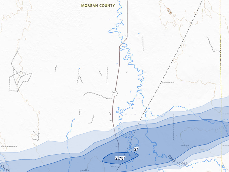 NEXRAD radar-signature map of the hail storm over Brush, CO on Jul 9, 2026