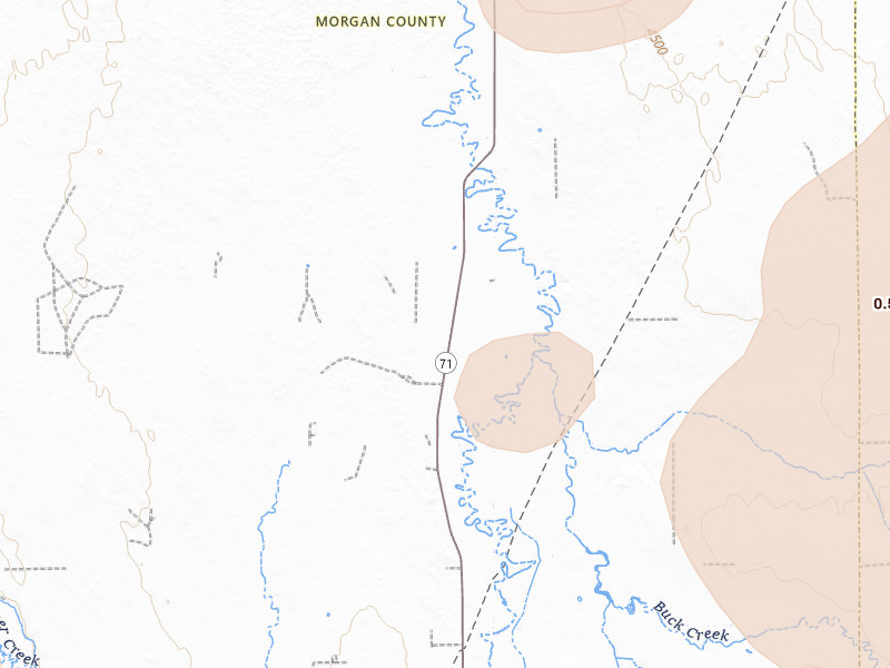 Radar-estimated hail-size map of the storm over Brush, CO on Jul 22, 2026