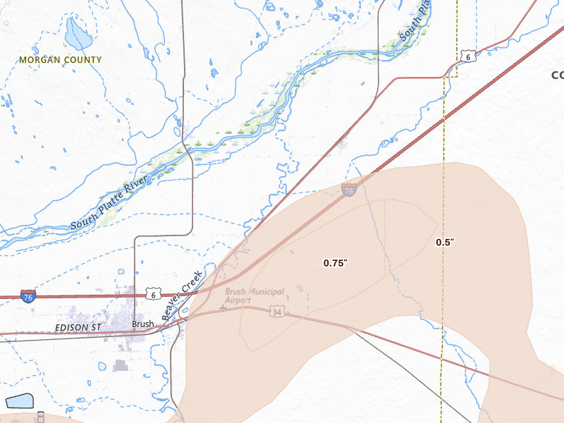 Radar-estimated hail-size map of the storm over Brush, CO on Jul 28, 2026