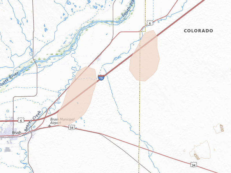 Radar-estimated hail-size map of the storm over Brush, CO on Aug 12, 2026