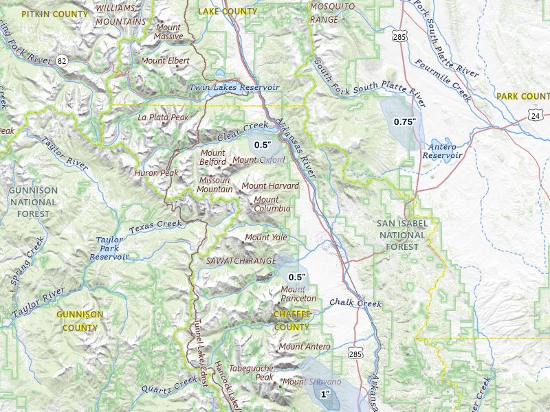 NEXRAD radar-signature map of the hail storm over Buena Vista, CO on Jul 28, 2026