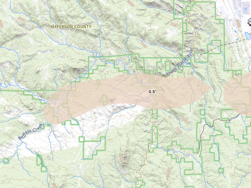 Radar-estimated hail-size map of the storm over Buffalo Creek, CO on Aug 13, 2026