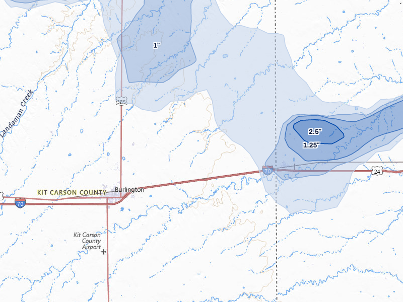 NEXRAD radar-signature map of the hail storm over Burlington, CO on May 16, 2026