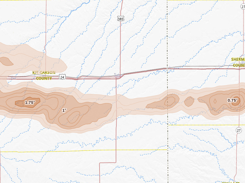 Radar-estimated hail-size map of the storm over Burlington, CO on May 17, 2026