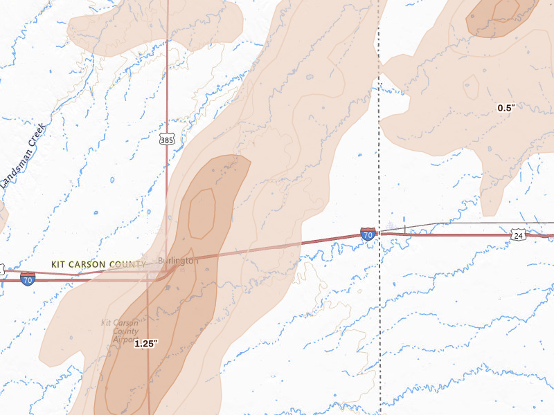 Radar-estimated hail-size map of the storm over Burlington, CO on Jun 1, 2026