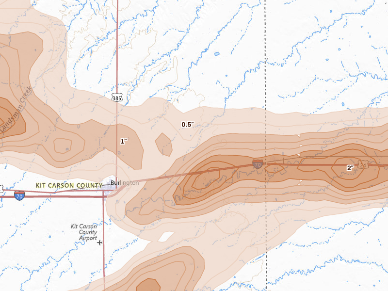 Radar-estimated hail-size map of the storm over Burlington, CO on Jun 8, 2026