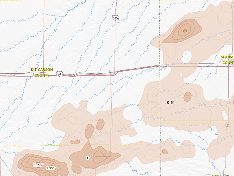 Radar-estimated hail-size map of the storm over Burlington, CO on Jun 20, 2026