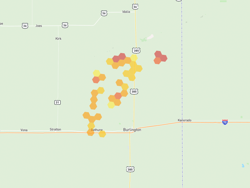 Hail map of Burlington, CO on Jul 1, 2026, hail up to 2.25"