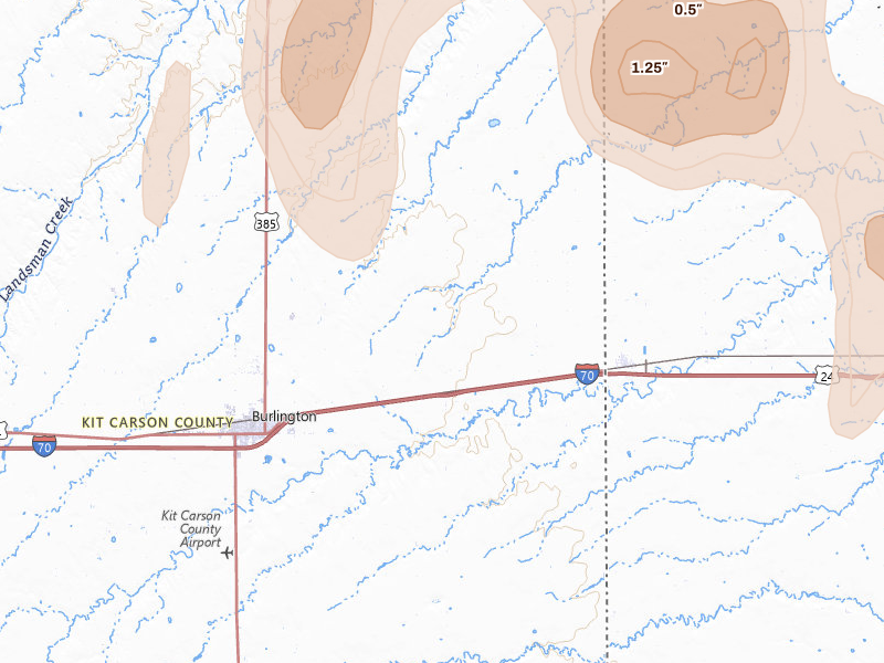 Radar-estimated hail-size map of the storm over Burlington, CO on Jul 3, 2026