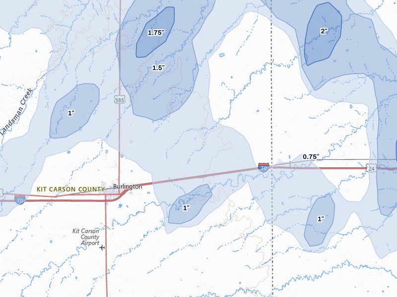 NEXRAD radar-signature map of the hail storm over Burlington, CO on Jul 3, 2026