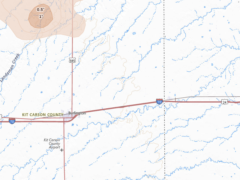 Radar-estimated hail-size map of the storm over Burlington, CO on Jul 9, 2026