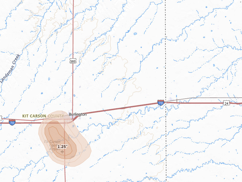 Radar-estimated hail-size map of the storm over Burlington, CO on Jul 27, 2026