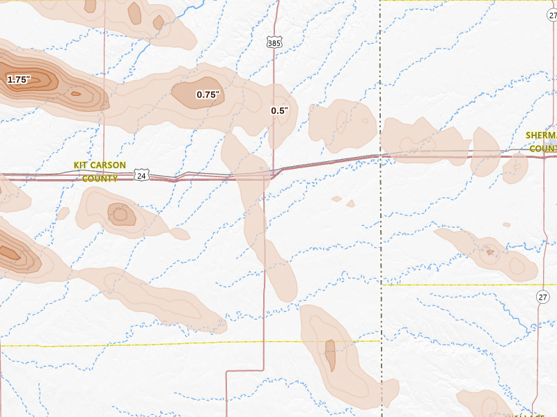 Radar-estimated hail-size map of the storm over Burlington, CO on Aug 19, 2026