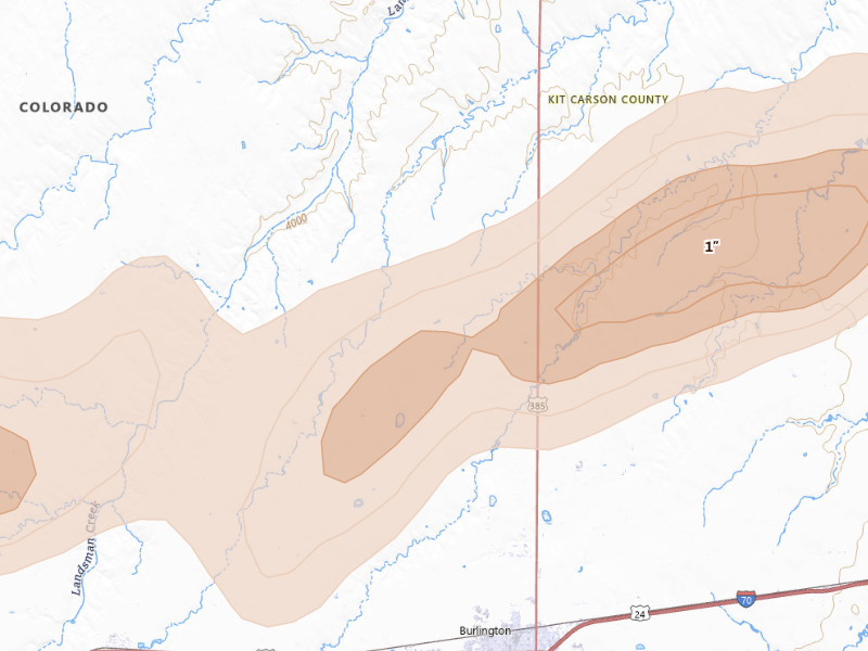 Radar-estimated hail-size map of the storm over Burlington, CO on Sep 18, 2026
