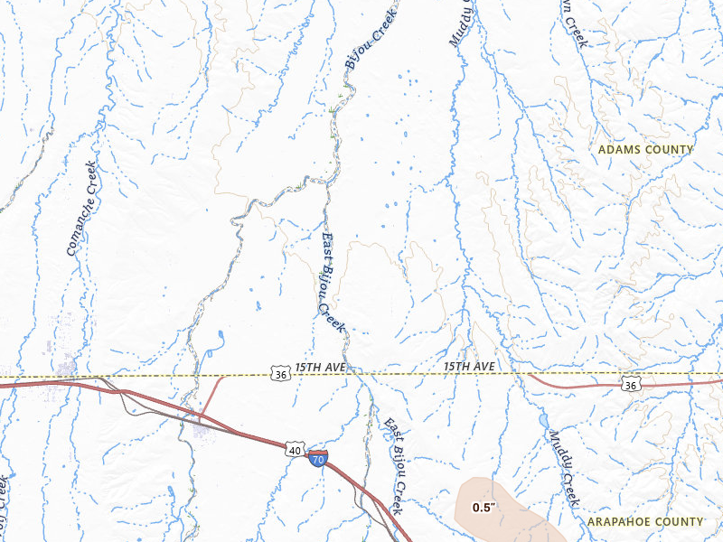 Radar-estimated hail-size map of the storm over Byers, CO on May 9, 2026