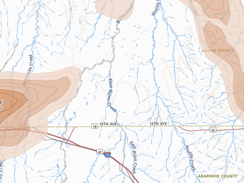 Radar-estimated hail-size map of the storm over Byers, CO on Jun 1, 2026